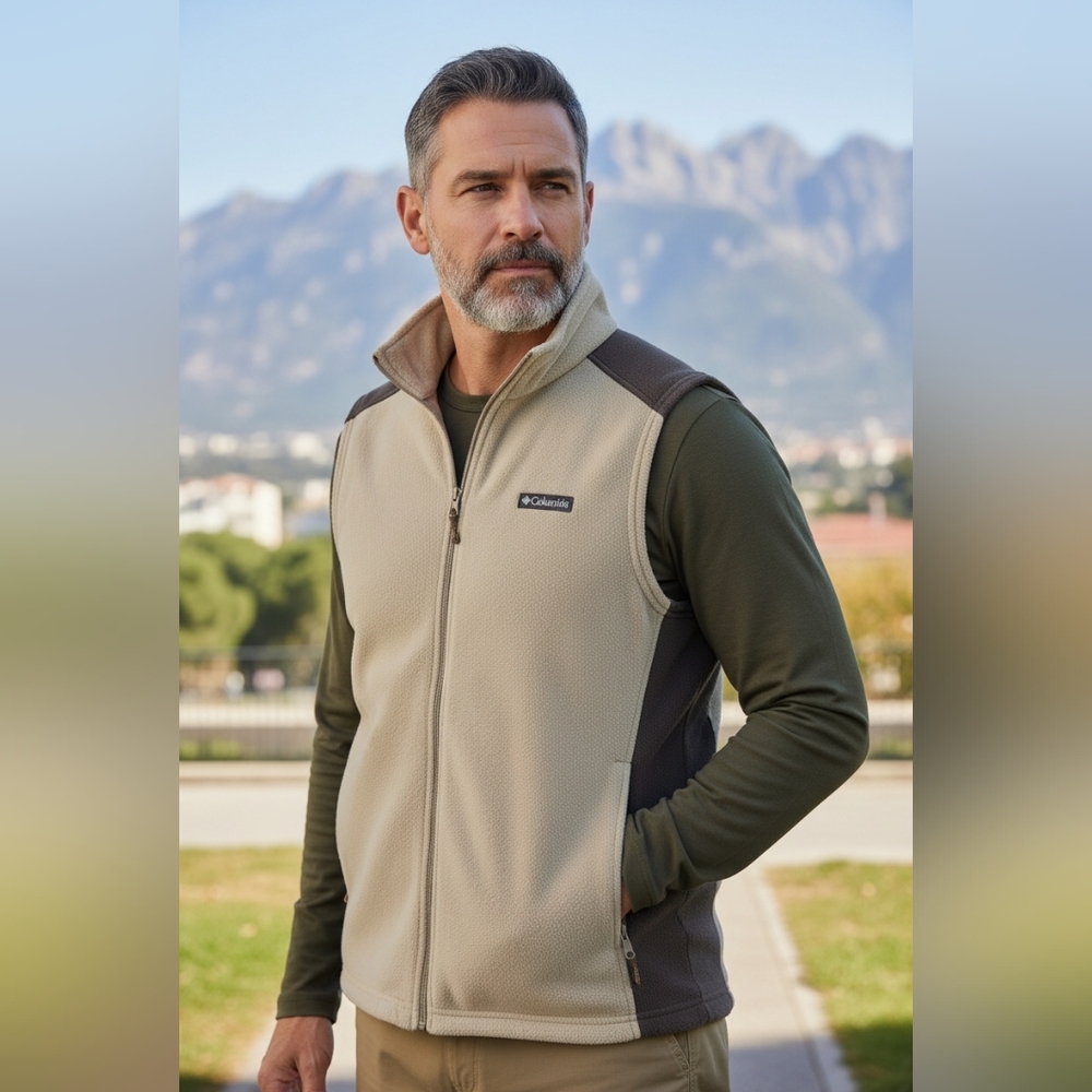 Columbia Men's XLT Fleece Full Zip Vest, Tan Brown Outdoor Steens Mountain